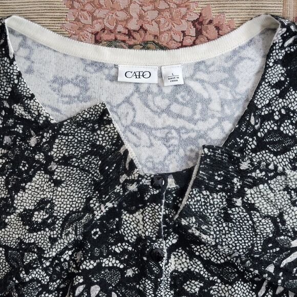 Cato Sweater Womens Large Black White Floral Lace Print Cottagecore Cardigan - Picture 9 of 11